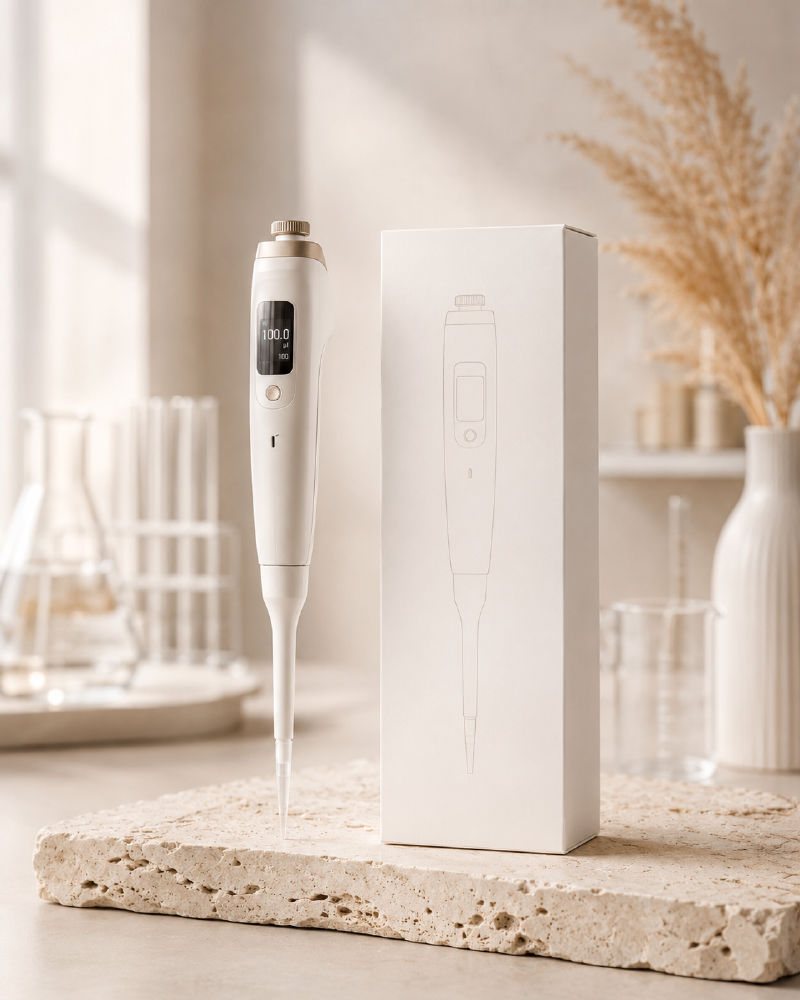 Elektronische Präzisions-Mikropipette im hellen Laborstudio